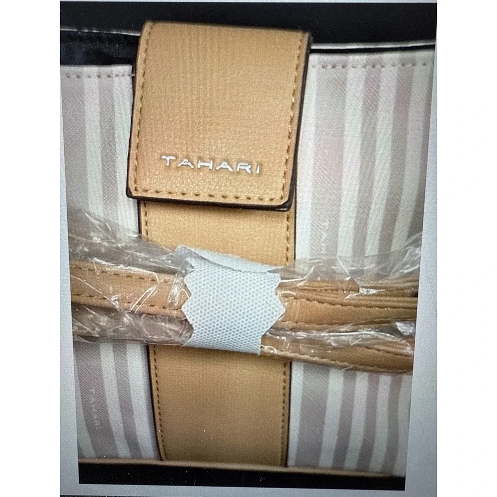 Tahari Tote Bag Women Sand/Gray Striped Bag Magnetic Snap Zip Vegan Leather  NWT